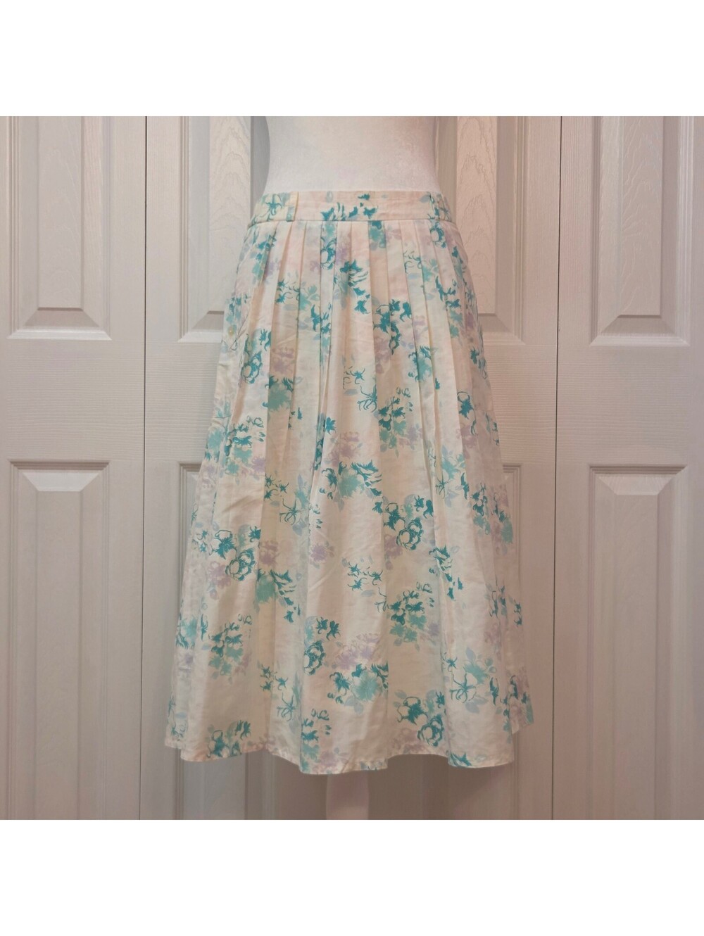 Teal Blue & Lilac Floral Print Midi Skirt Size XS Japanese Retro Y2K Fairy Beach